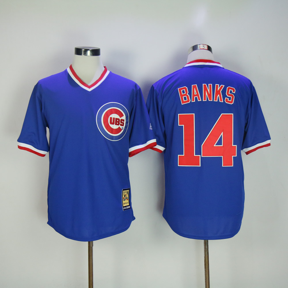 Men Chicago Cubs #14 Banks Blue Throwback MLB Jerseys